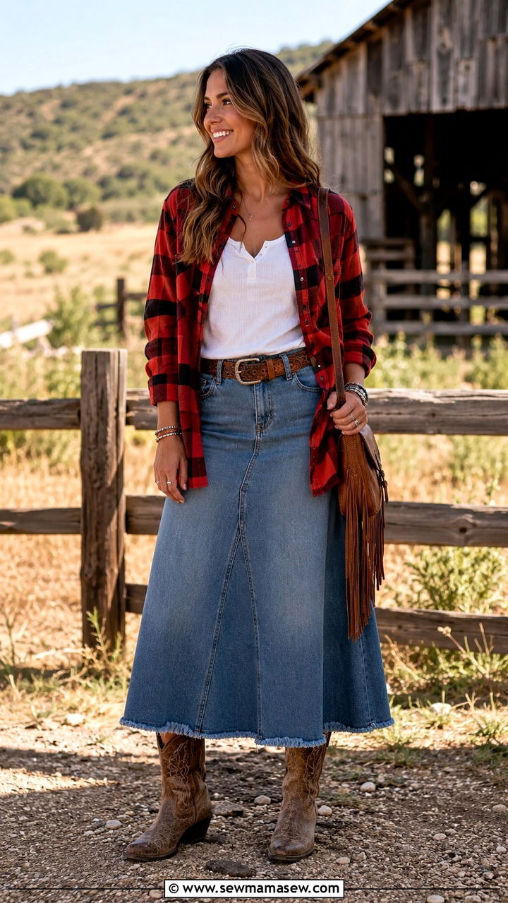Plaid flannel long denim skirt with cowboy boots - 30 Long denim skirt outfit ideas with cowboy boots