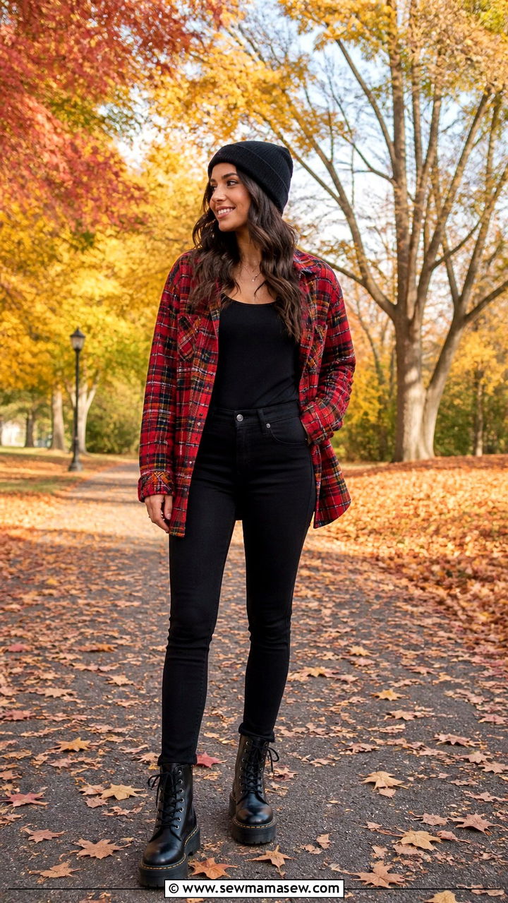 Plaid flannel oversized button down with black skinny jeans and chunky boots - 40 Oversized button down outfit ideas