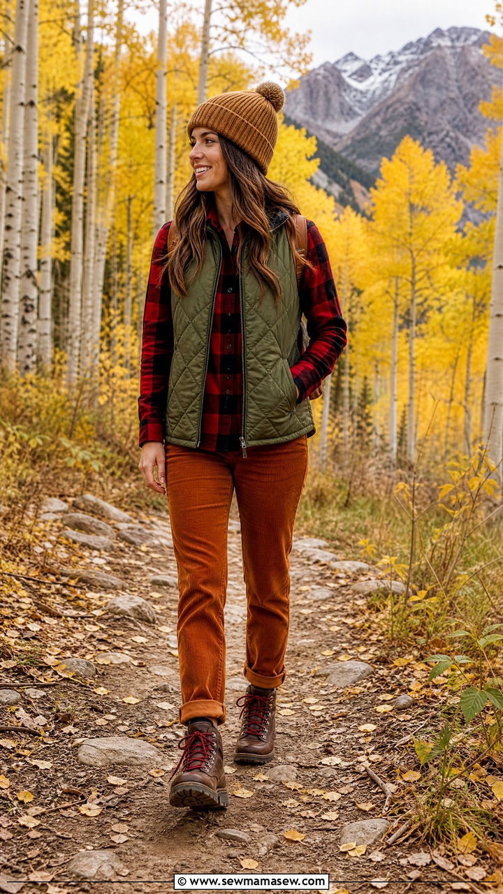 Plaid flannel shirt and quilted vest with corduroy pants - 25 Modest outfit ideas for mountain trip
