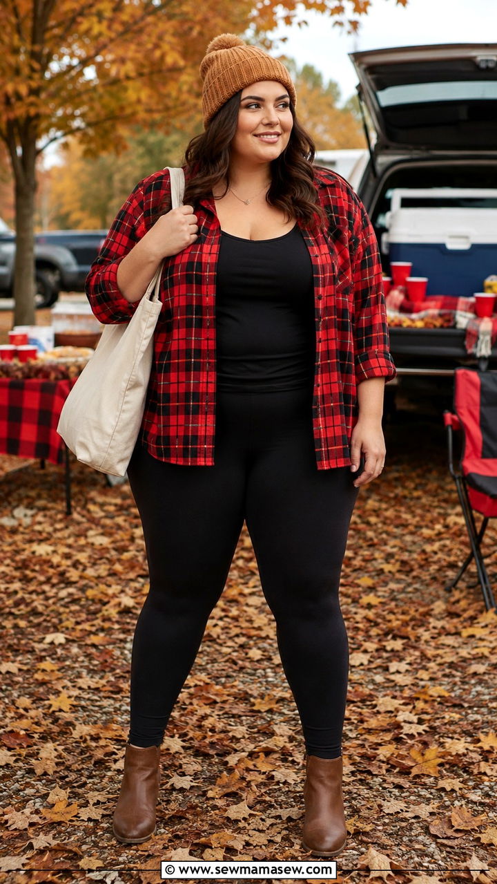 Plaid flannel shirt with black leggings and ankle boots outfit - 30 Plus size tailgate outfit ideas