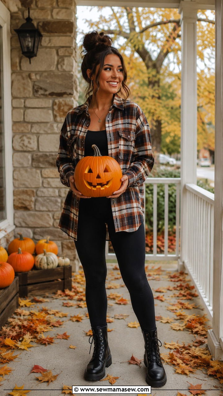 Plaid flannel shirt with black leggings and combat boots - 30 Pumpkin carving party outfit ideas