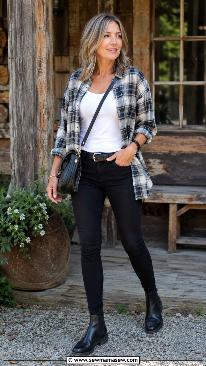 Plaid flannel shirt with black skinny jeans outfit - 30 Outfit ideas for women over 40 errands