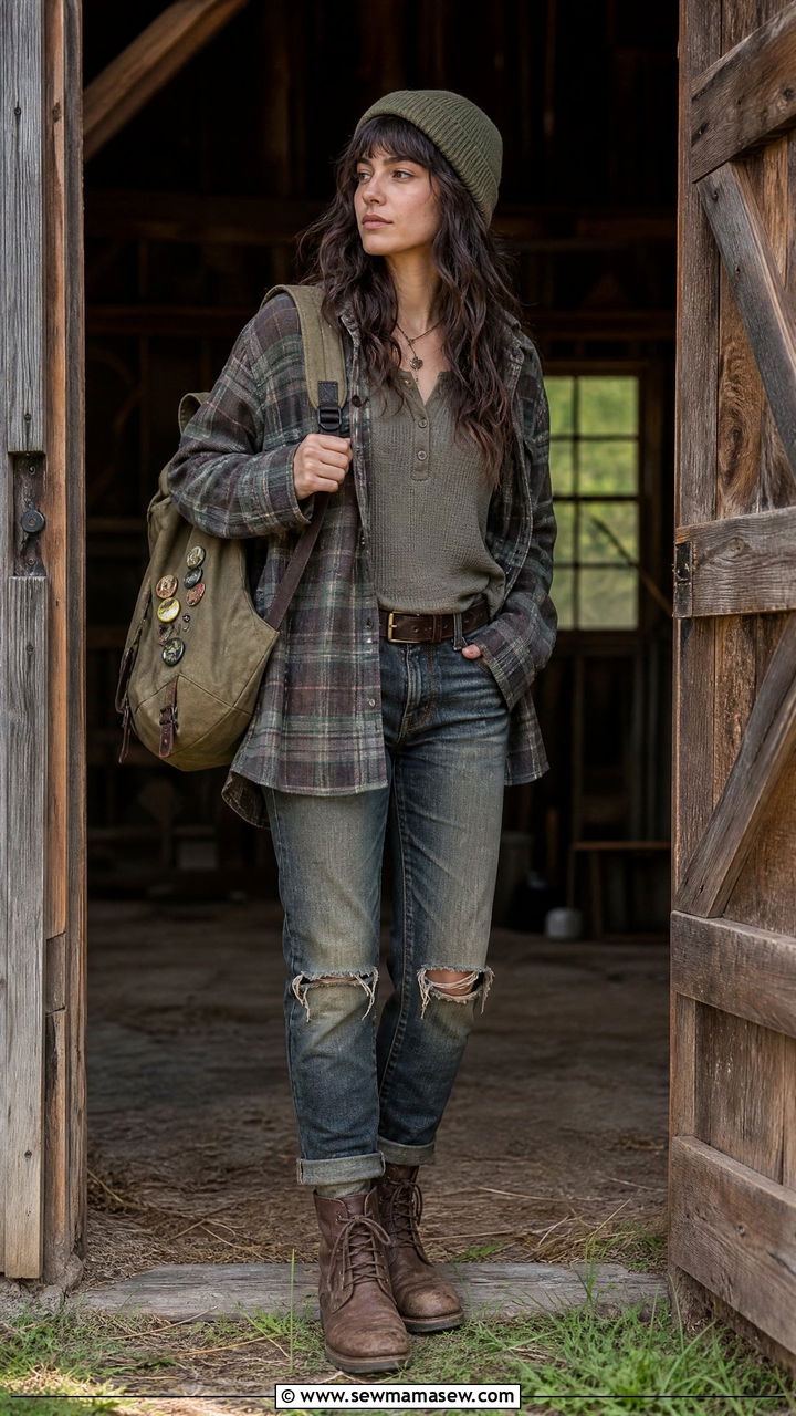 Plaid flannel shirt with distressed jeans and vintage lace up boots - 30 Goblincore outfit ideas