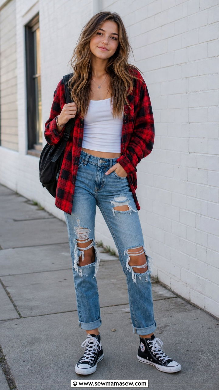 Plaid flannel shirt with ripped jeans outfit - 35 Back to school outfits for teens