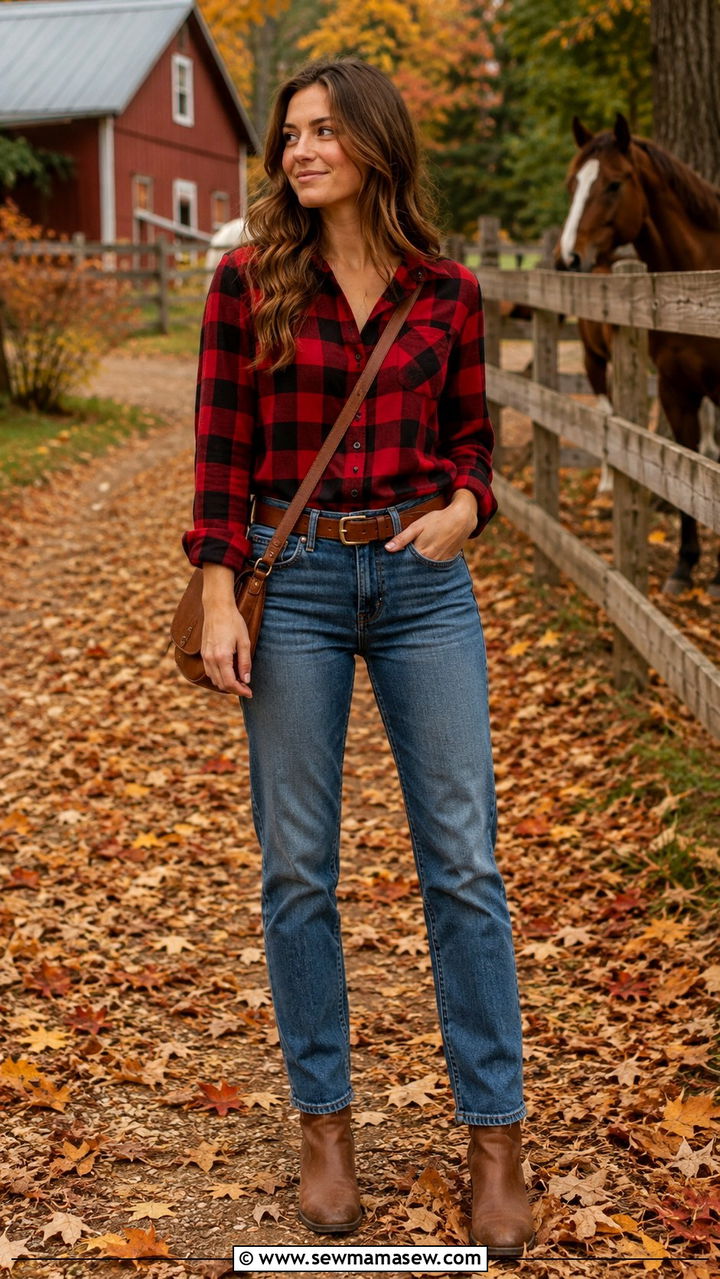 Plaid flannel shirt with straight leg jeans and ankle boots outfit - 30 In between season outfit ideas
