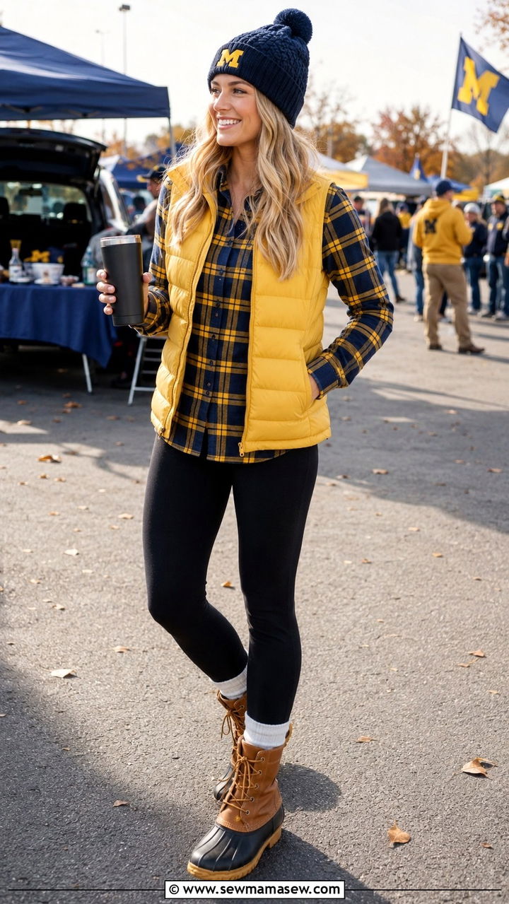 Plaid flannel with Michigan vest and leggings outfit - 20 Gameday outfit ideas Michigan