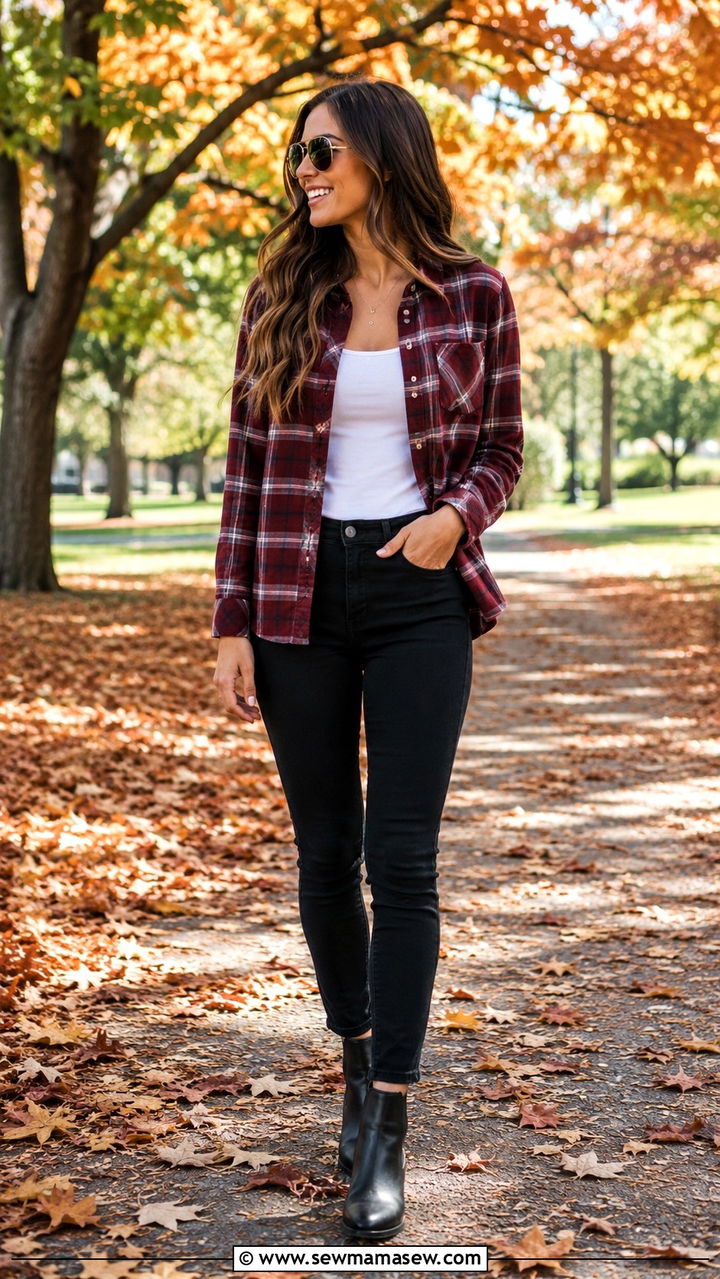 Plaid flannel with black skinny jeans - 25 nurse off duty outfit ideas