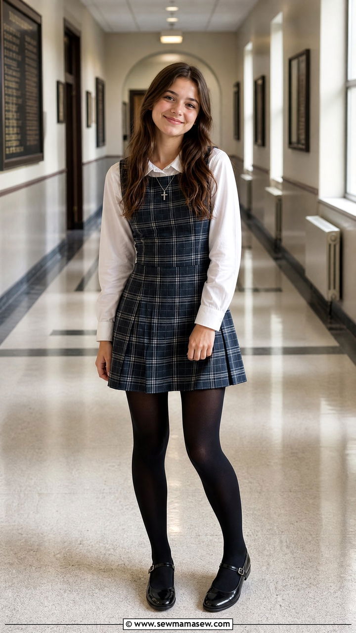 Plaid jumper and white blouse look - 25 Catholic school outfit ideas teens