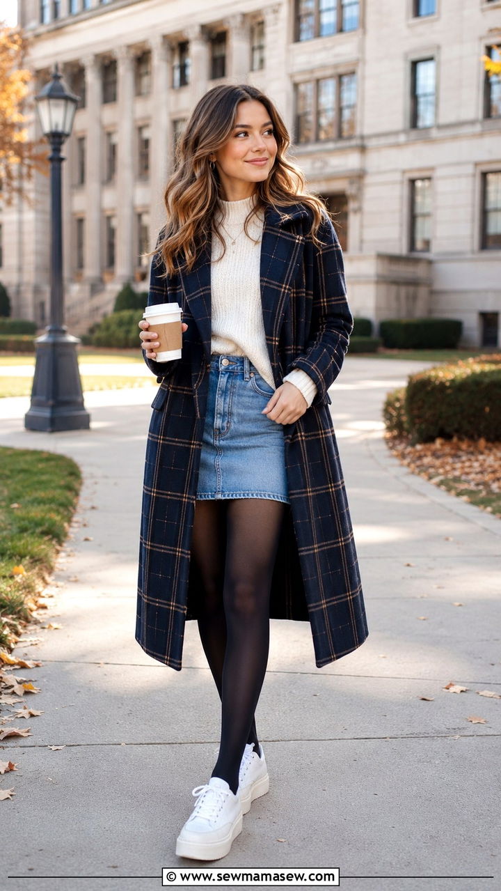 Plaid long trench coat with a denim skirt and platform sneakers - 30 Long trench coat outfit ideas with sneakers