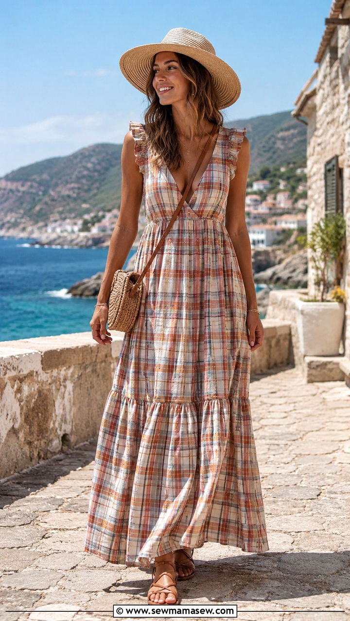 Plaid maxi dress with strappy flat sandals - 30 Spring plaid outfits