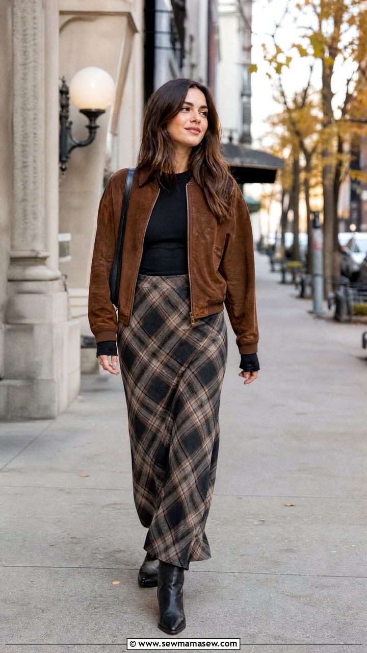 Plaid maxi skirt with bomber jacket and boots - 35 how to style maxi skirt
