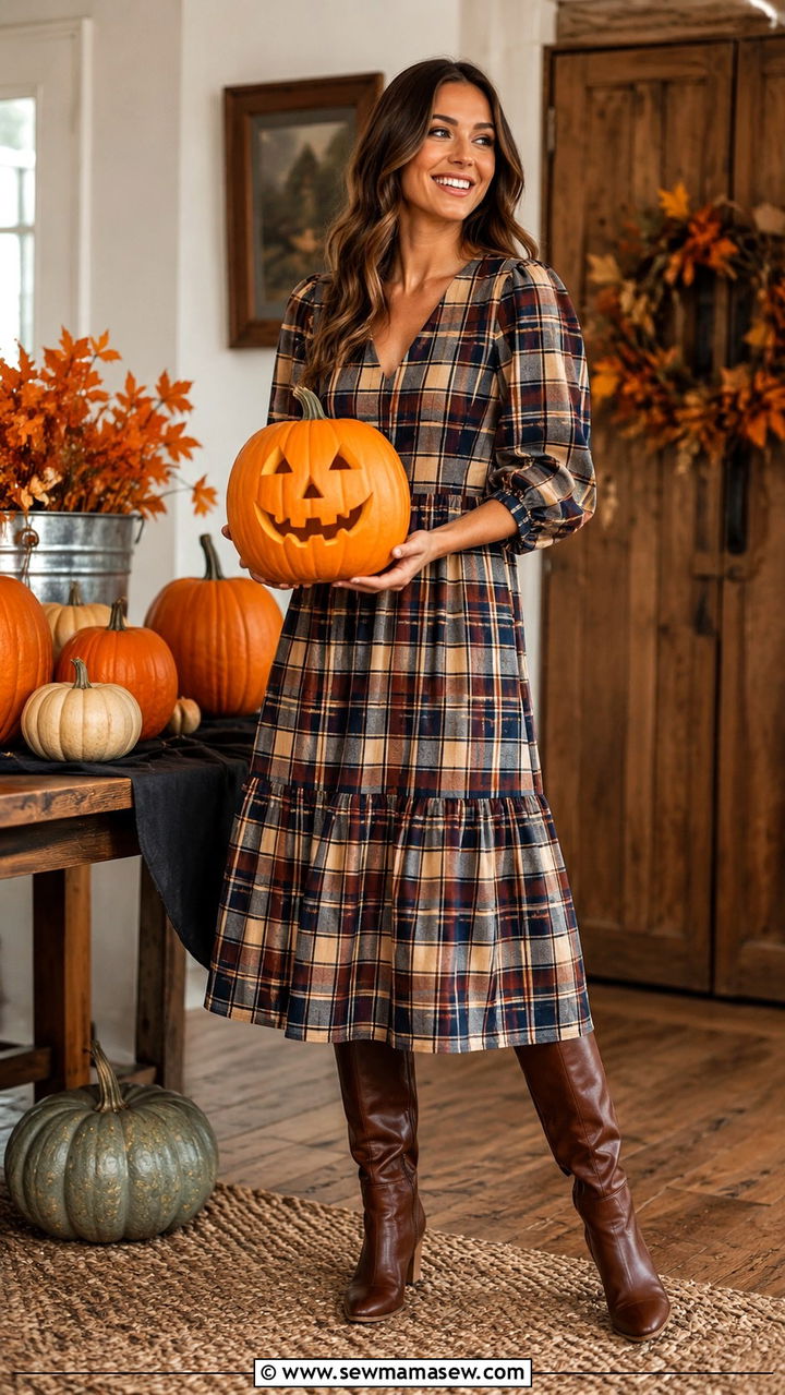 Plaid midi dress with knee high boots - 30 Pumpkin carving party outfit ideas