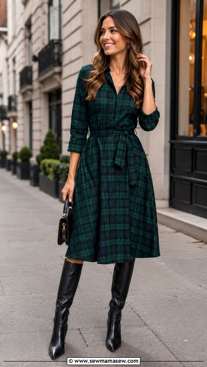 Plaid midi dress with knee high boots - 30 Office party outfit ideas