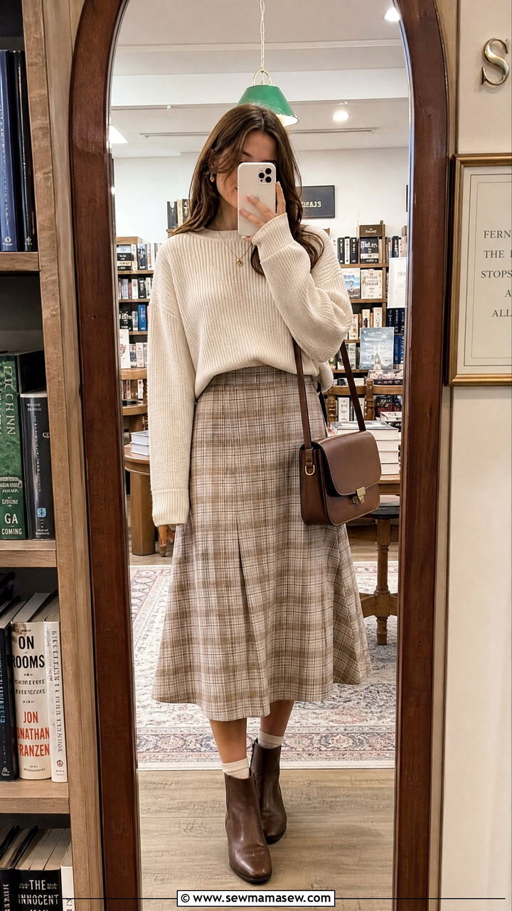 Plaid midi skirt and knit sweater light academia outfit - 25 Light academia outfit ideas 2026
