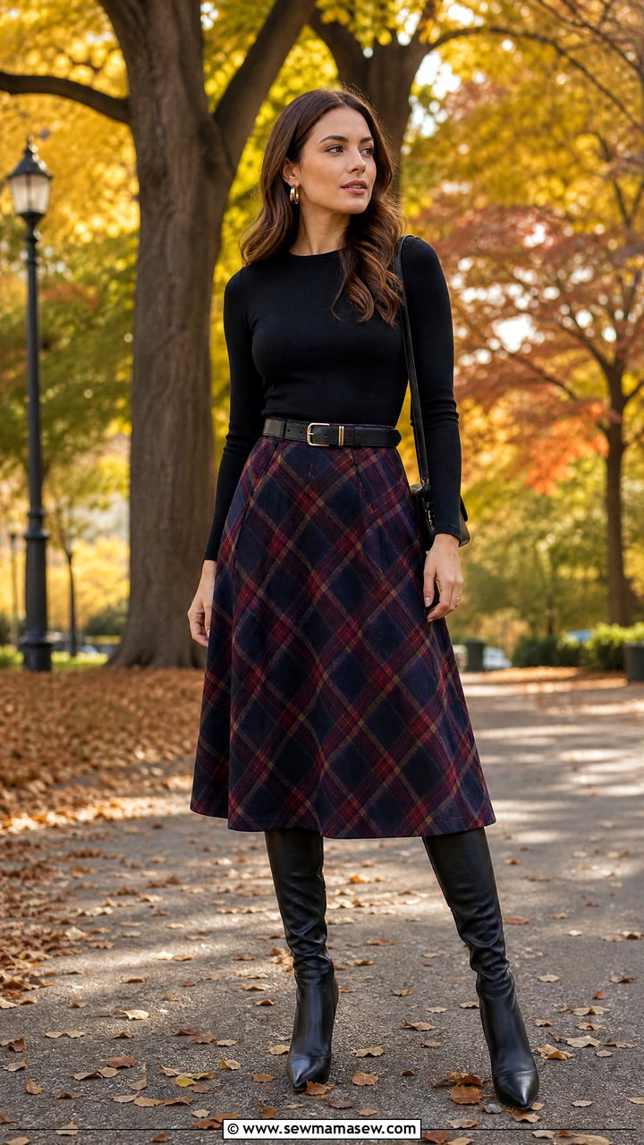Plaid midi skirt with black long sleeve top and knee high boots - 25 chic midi skirt outfit ideas