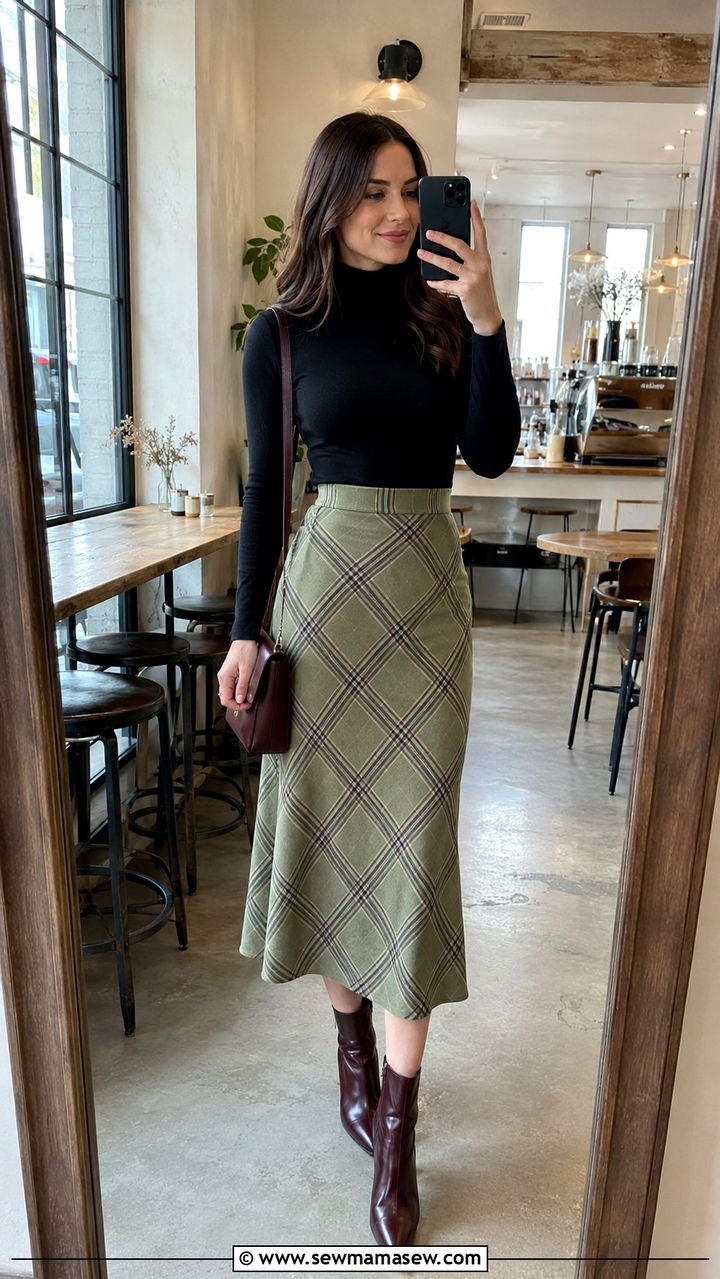 Plaid midi skirt with black turtleneck - 30 Playful spring outfit ideas