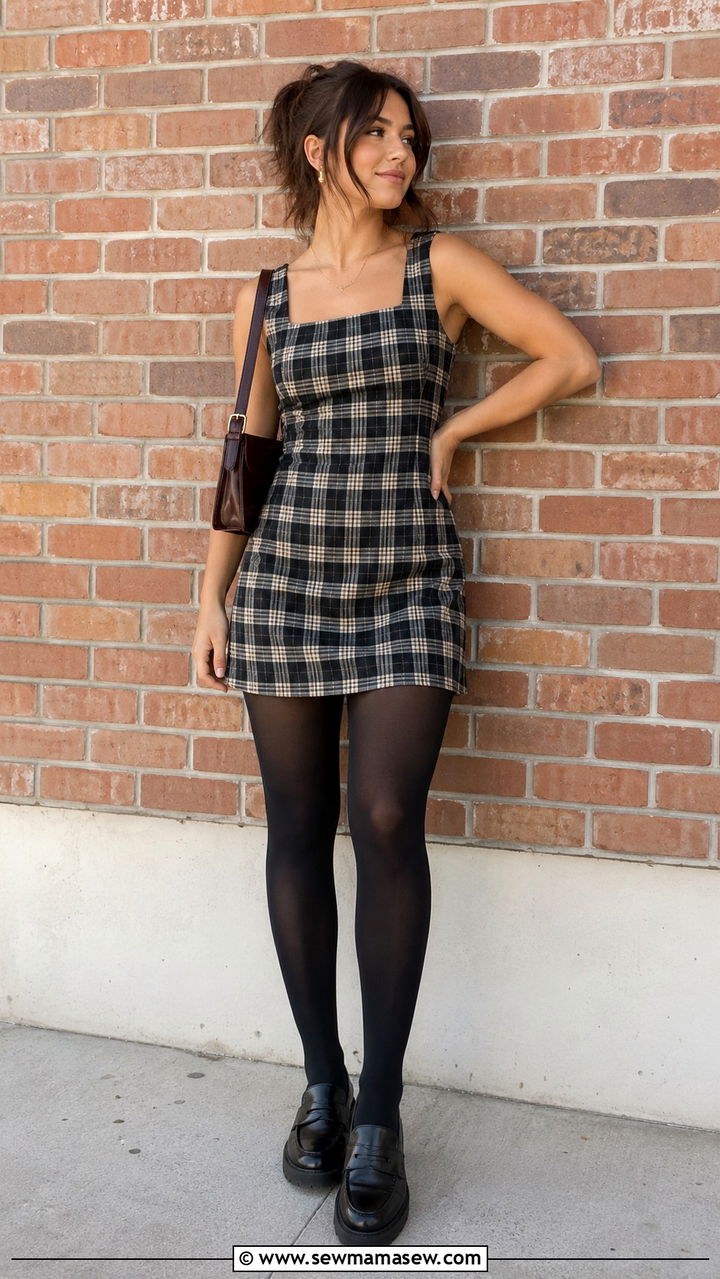 Plaid mini dress with opaque tights and loafers - 25 Petite work outfit ideas with dress
