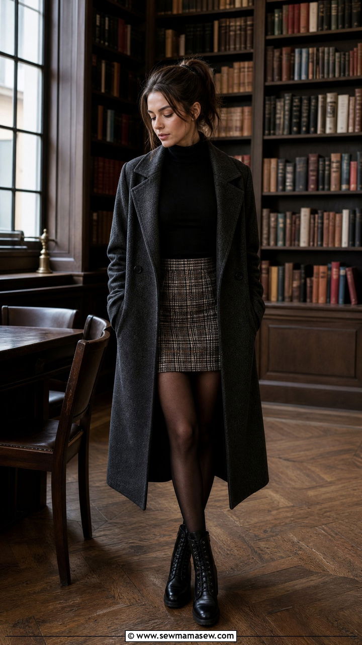Plaid mini skirt with a black turtleneck and sheer tights - 30 College library outfit ideas
