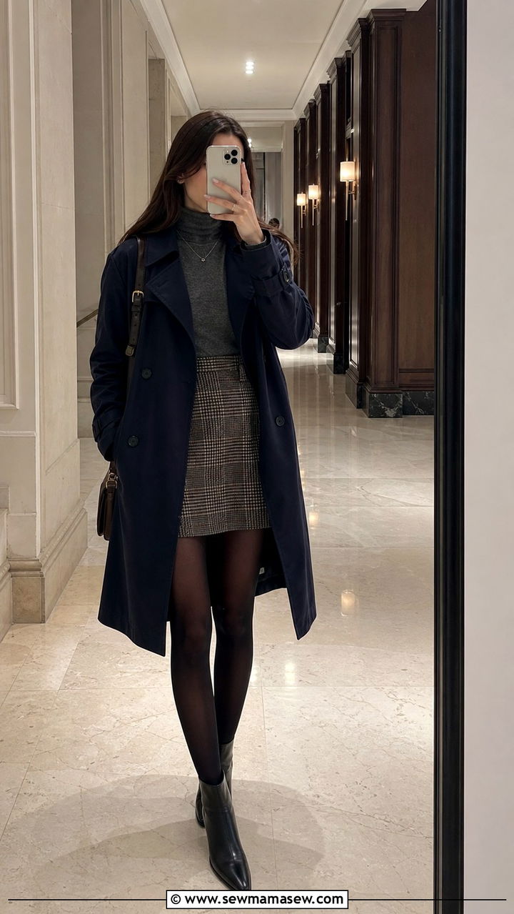 Plaid mini skirt with black tights and navy trench coat outfit - 40 light academia outfits