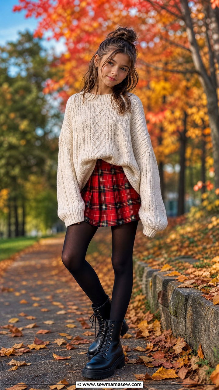 Plaid mini skirt with oversized sweater and combat boots - 25 Tween outfit ideas for 12 year olds