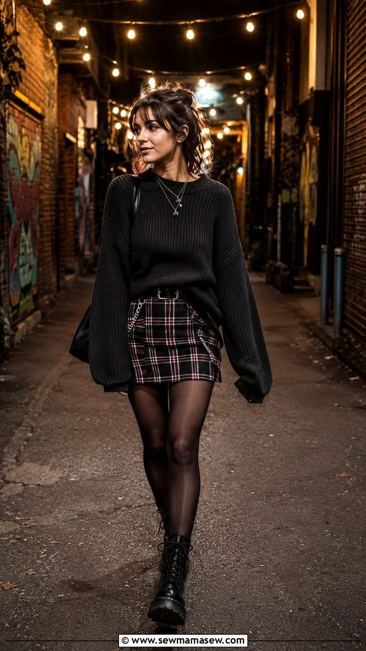 Plaid mini skirt with sheer tights and combat boots - 30 Indie girl outfit ideas