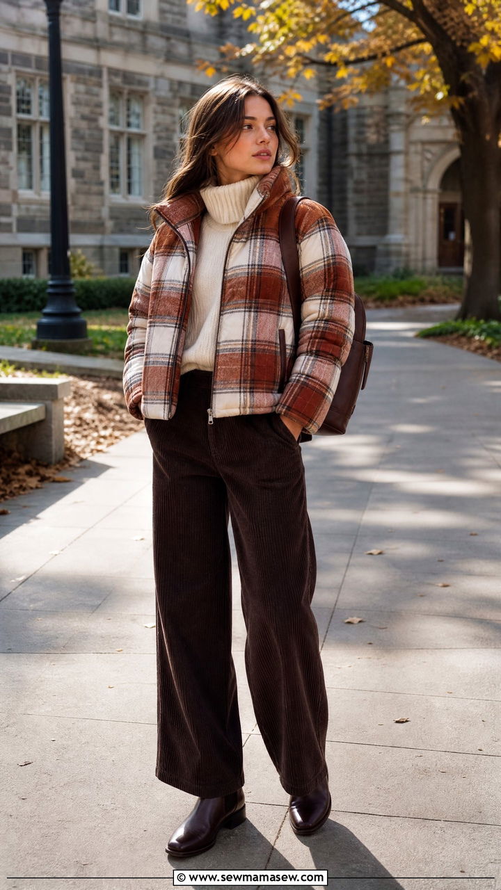 Plaid or checked puffer jacket with corduroy pants - 25 Spring outfits with puffer jacket