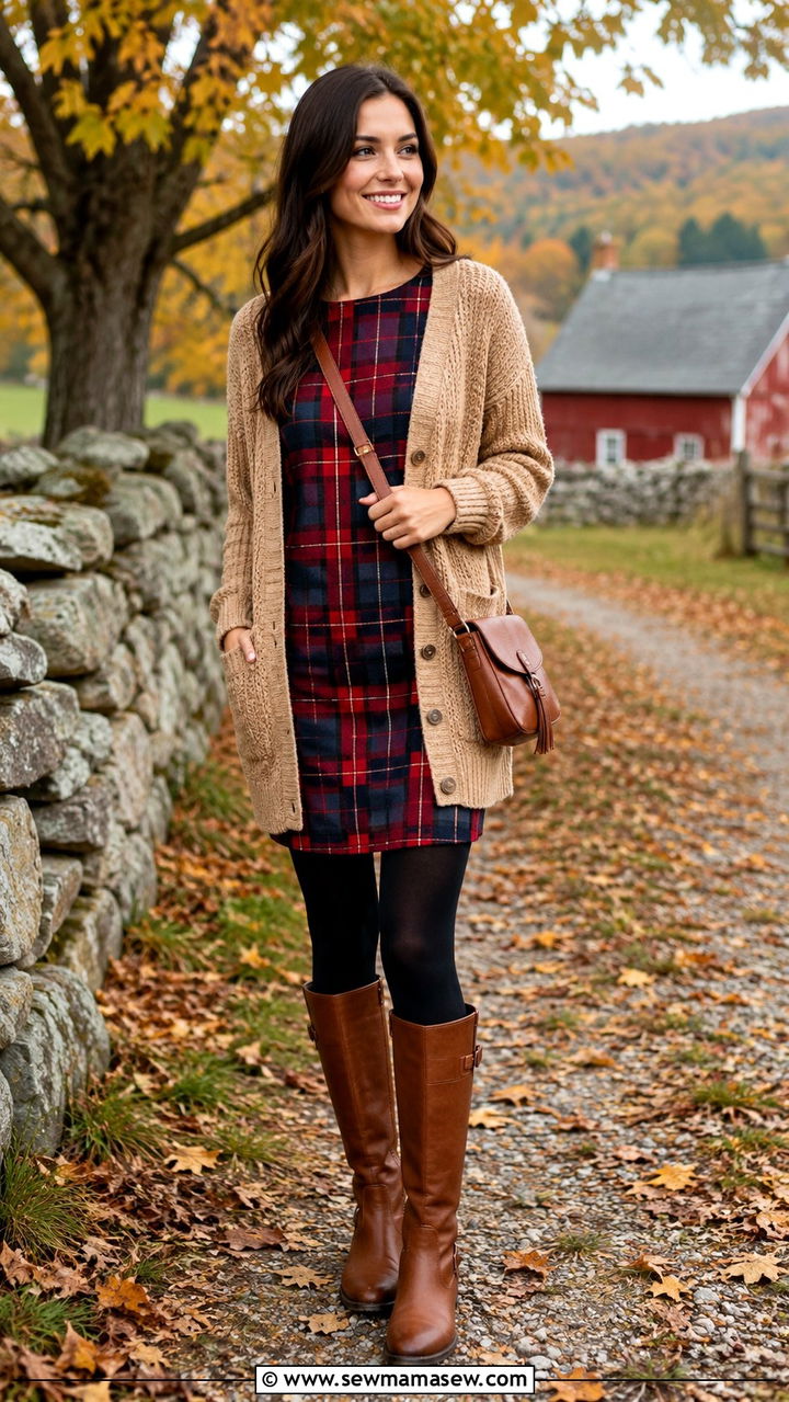 Plaid or houndstooth shift dress with knit cardigan and riding boots - 25 Shift dress outfit ideas with a cardigan