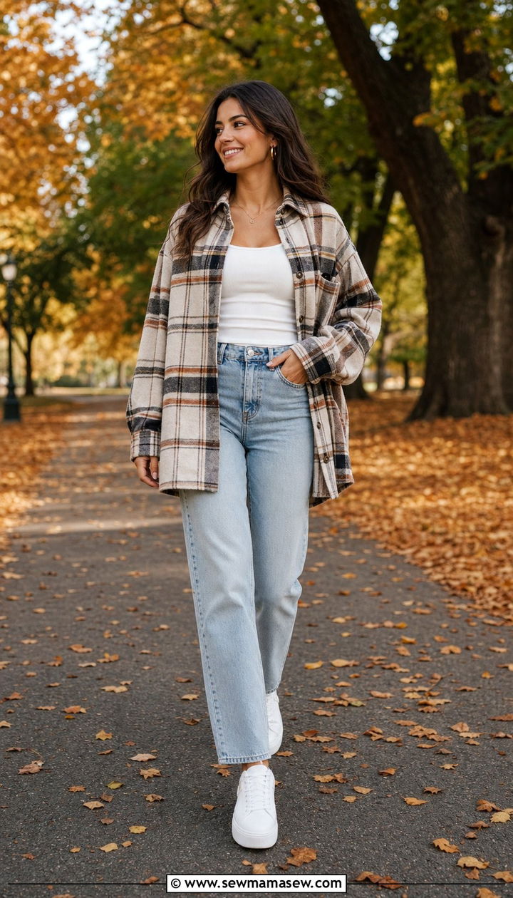 Plaid overshirt with a white tank and light wash jeans with white sneakers - 25 sneaker outfits aesthetic