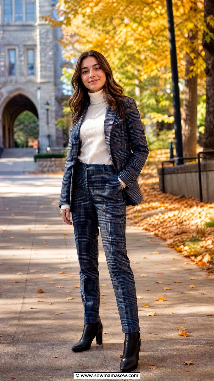 Plaid pantsuit with white turtleneck - 30 Engineering graduation outfit ideas