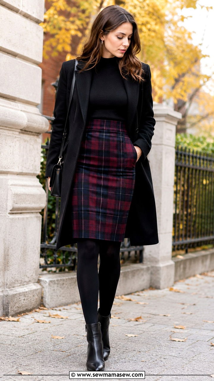Plaid pencil skirt with black top outfit - 25 pencil skirt outfits inspo