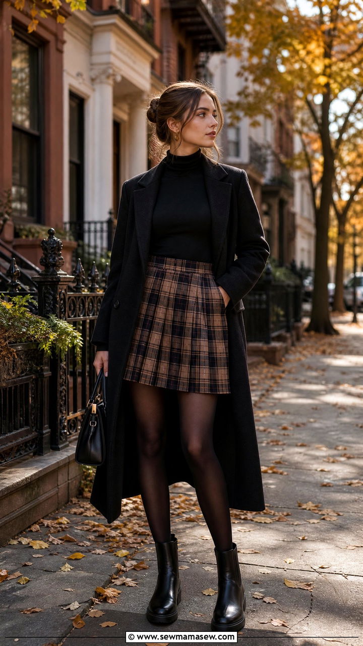 Plaid pleated skirt with black turtleneck and Chelsea boots - 40 pleated skirt outfit ideas