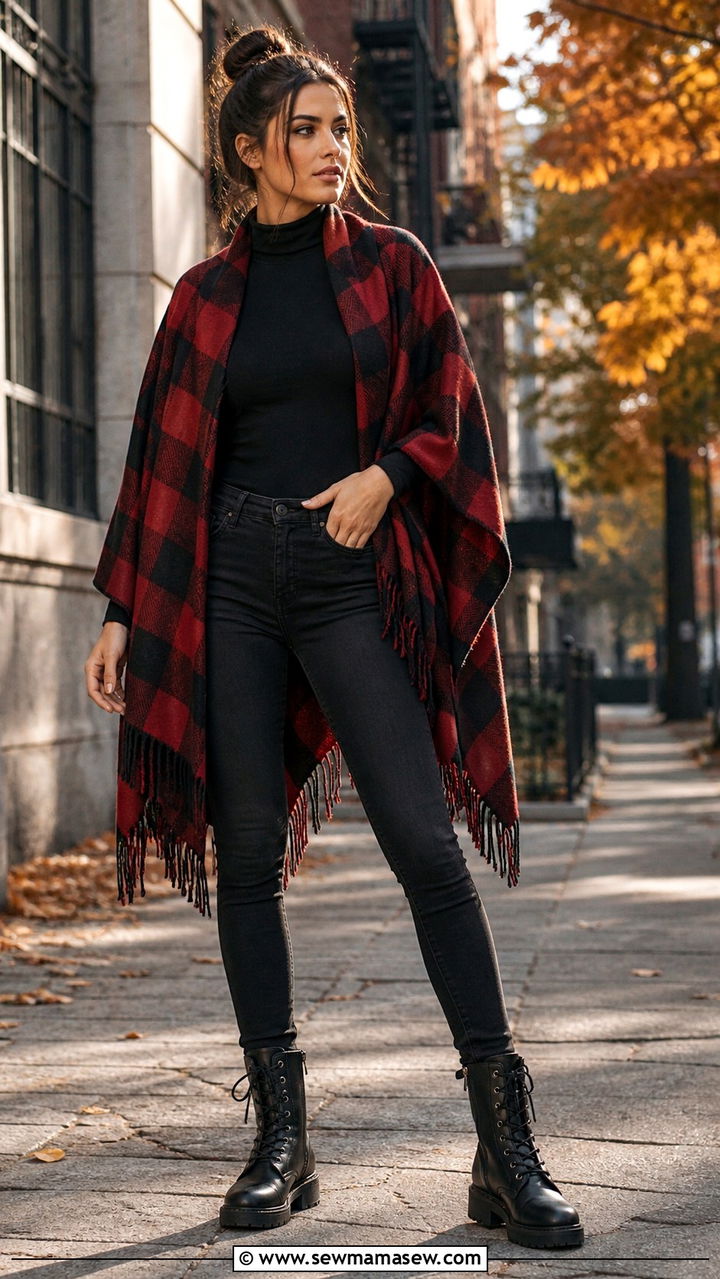 Plaid poncho with black jeans and combat boots - 40 Poncho outfit ideas