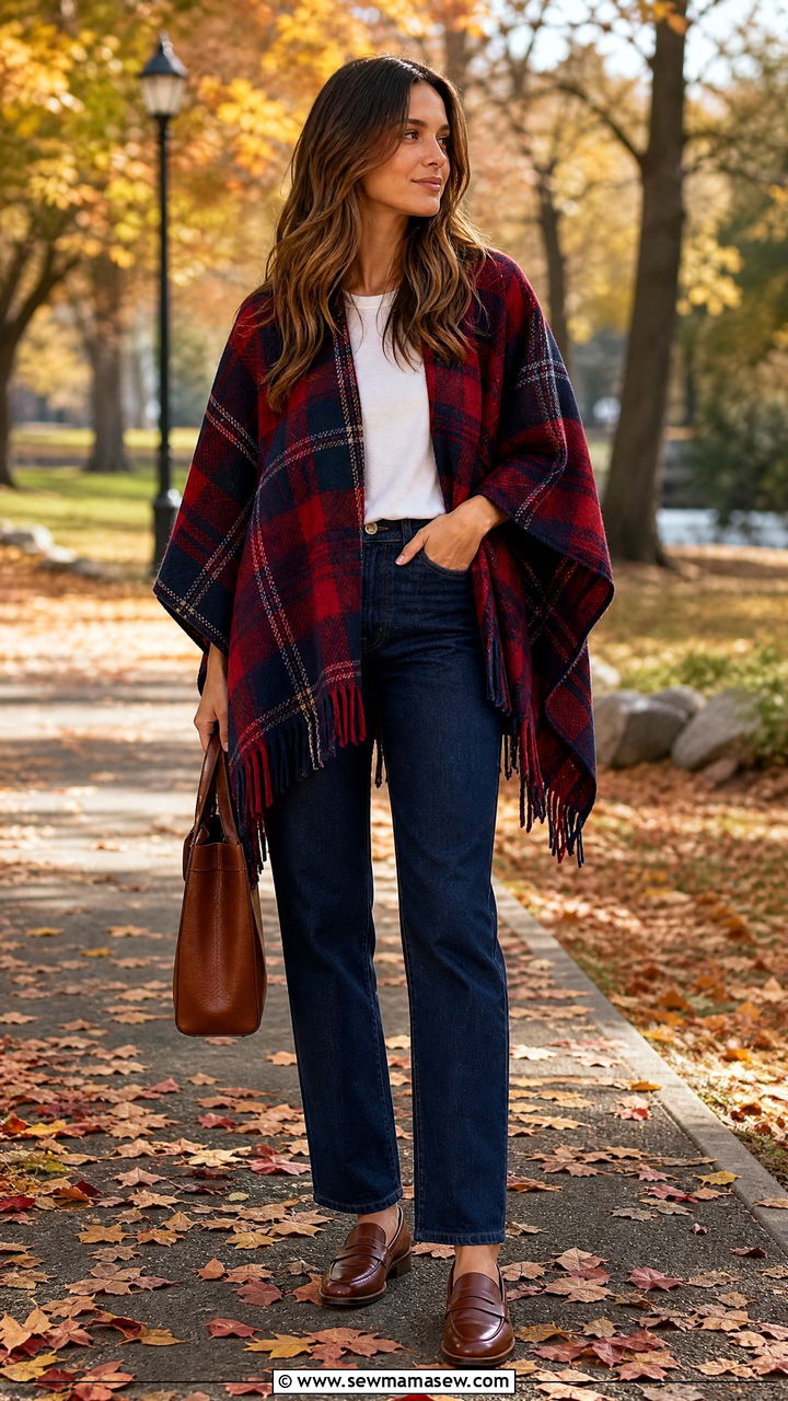 Plaid poncho with straight leg jeans and loafers - 25 How to style a poncho