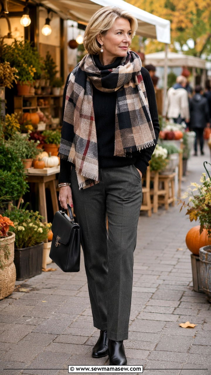 Plaid scarf with a black knit top and straight pants - 25 Modest outfits for women over 60