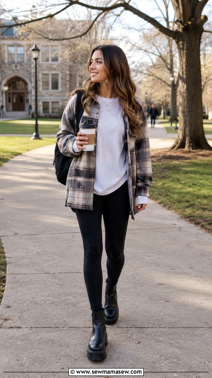 Plaid shacket and leggings outfit - 30 spring college outfit ideas