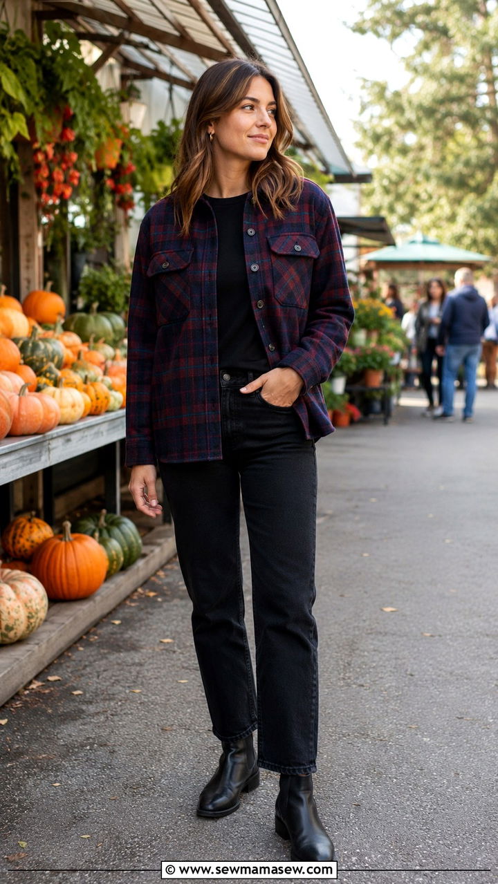 Plaid shacket with black jeans outfit - 20 casual librarian core outfits