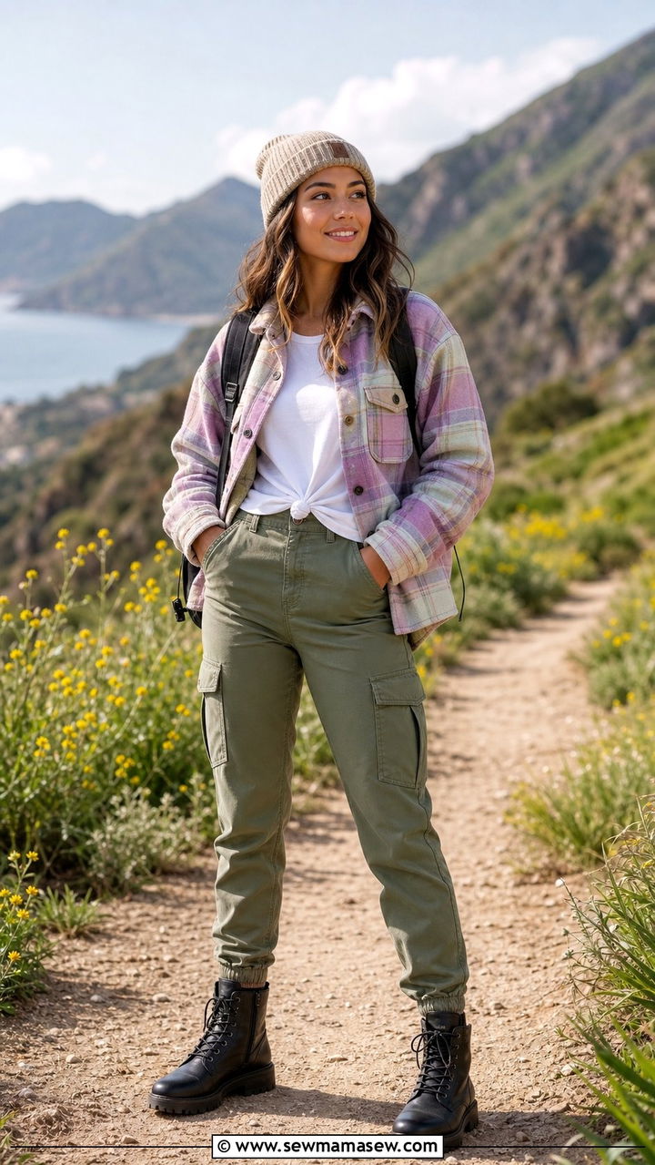 Plaid shacket with cargo pants and combat boots - 25 spring cargo pants outfit ideas