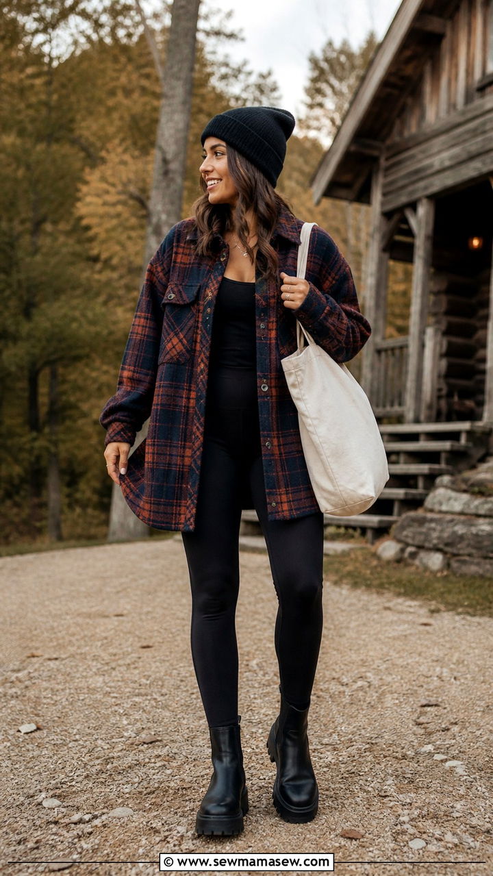 Plaid shacket with leggings and lug sole boots - 40 trendy outfits