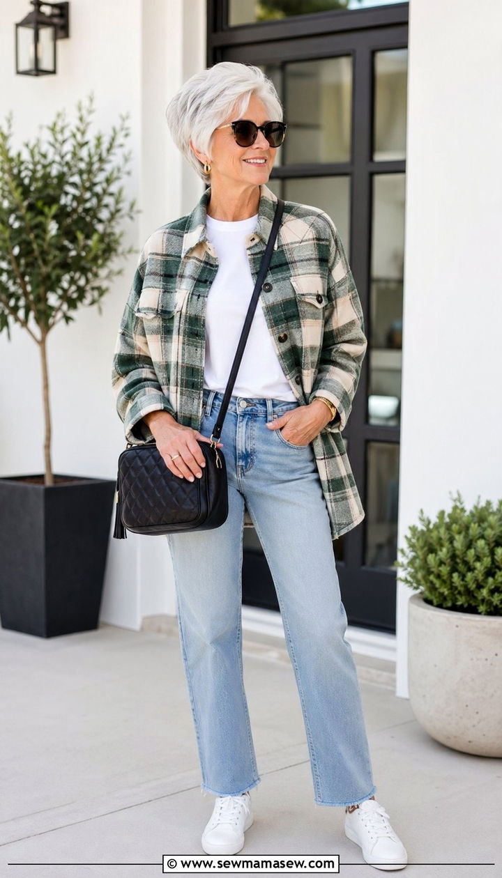 Plaid shacket with light wash jeans outfit - 35 Back to school outfit ideas 12th grade