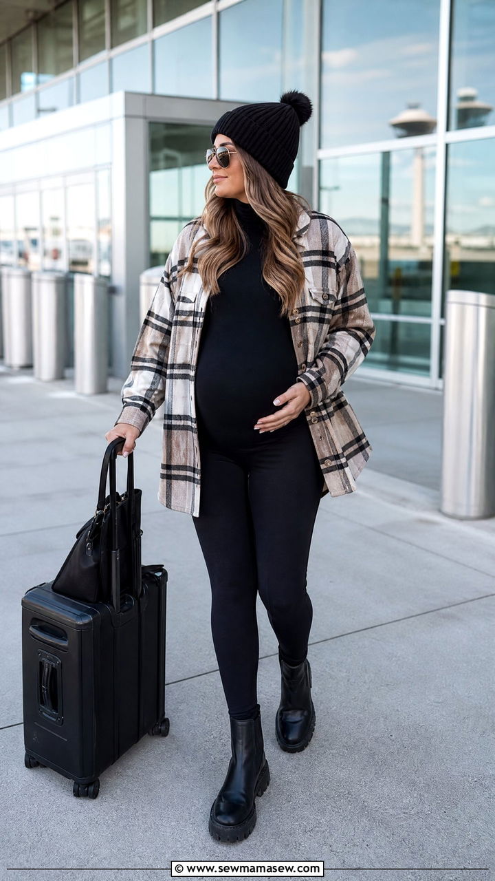 Plaid shacket with maternity leggings and lug sole boots - 25 Maternity outfit ideas for airport