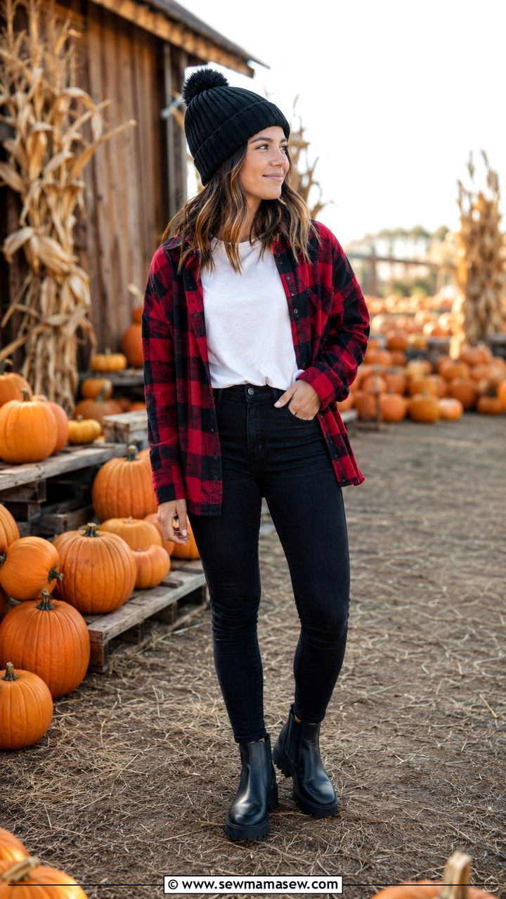 Plaid shacket worn open over a white tee with black skinny jeans and lug sole boots - 25 Petite outfit ideas for moms