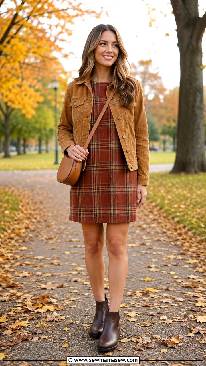 Plaid shift dress with corduroy jacket - 25 Shift dress outfit ideas with a jacket