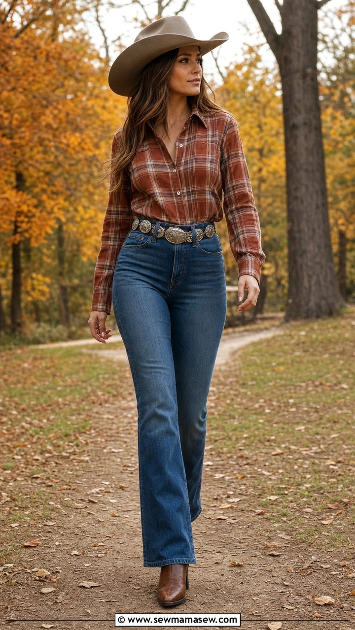 Plaid shirt and bootcut jeans outfit - 25 classy western outfit ideas