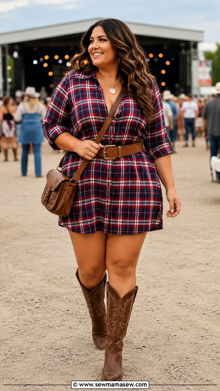 Plaid shirt dress with belt and boots - 30 plus size country concert outfit ideas