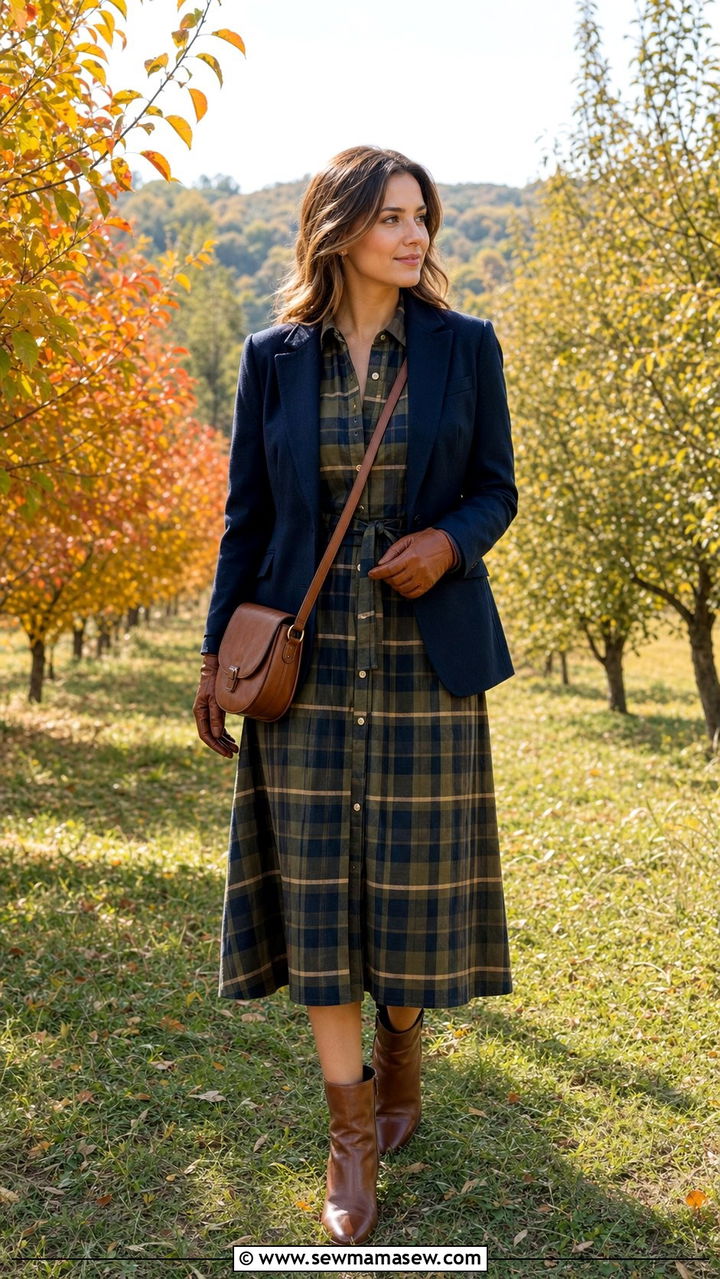 Plaid shirt dress with blazer for fall - 25 Shirt dress outfit ideas with a blazer