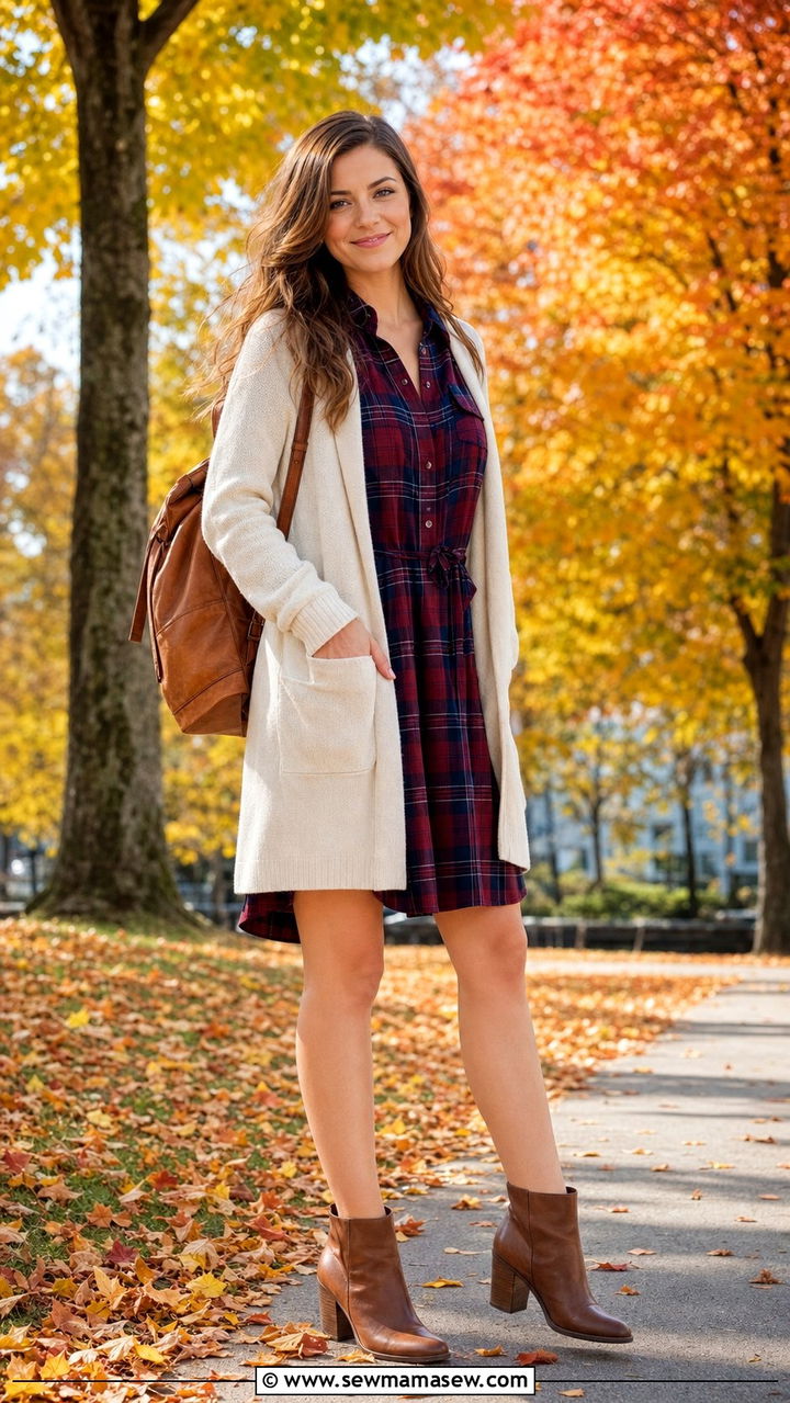 Plaid shirt dress with solid cardigan - 25 Shirt dress outfit ideas with a cardigan