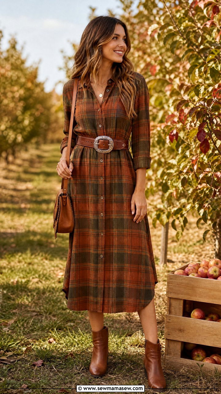 Plaid shirt dress with western buckle belt and ankle boots - 25 Shirt dress outfit ideas with a belt