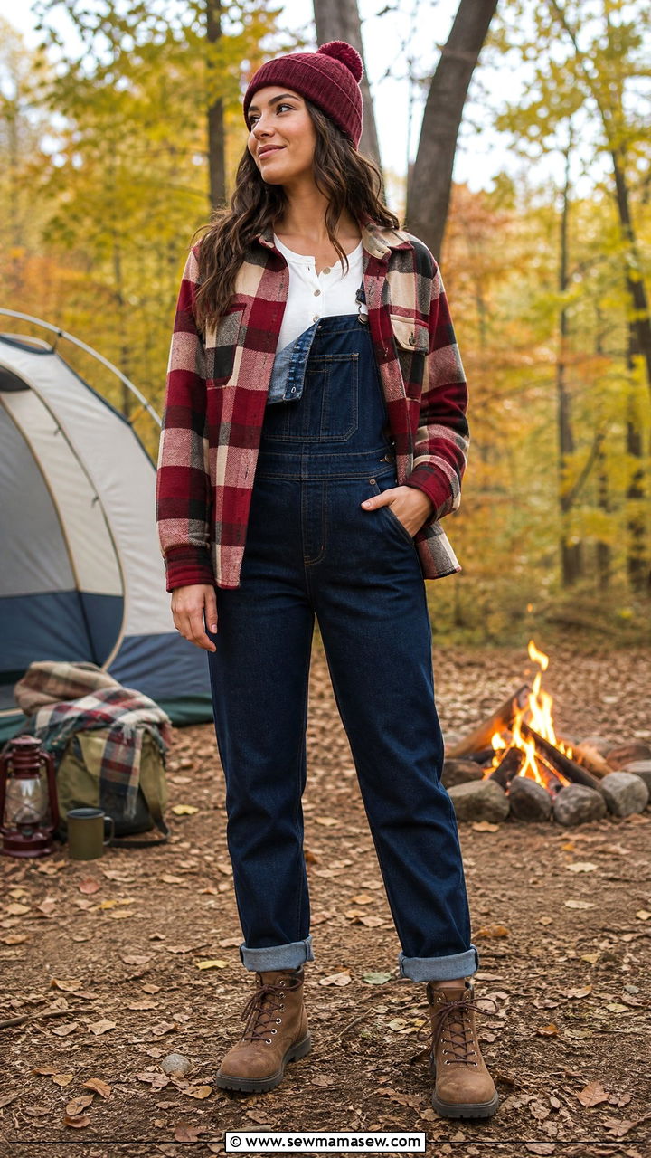 Plaid shirt jacket and overalls camping outfit - 25 Camping trip outfit ideas