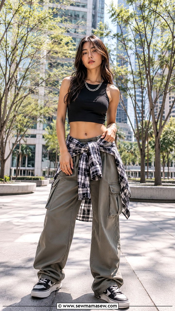 Plaid shirt tied around waist with cropped tank and cargo pants - 30 grunge outfits to copy
