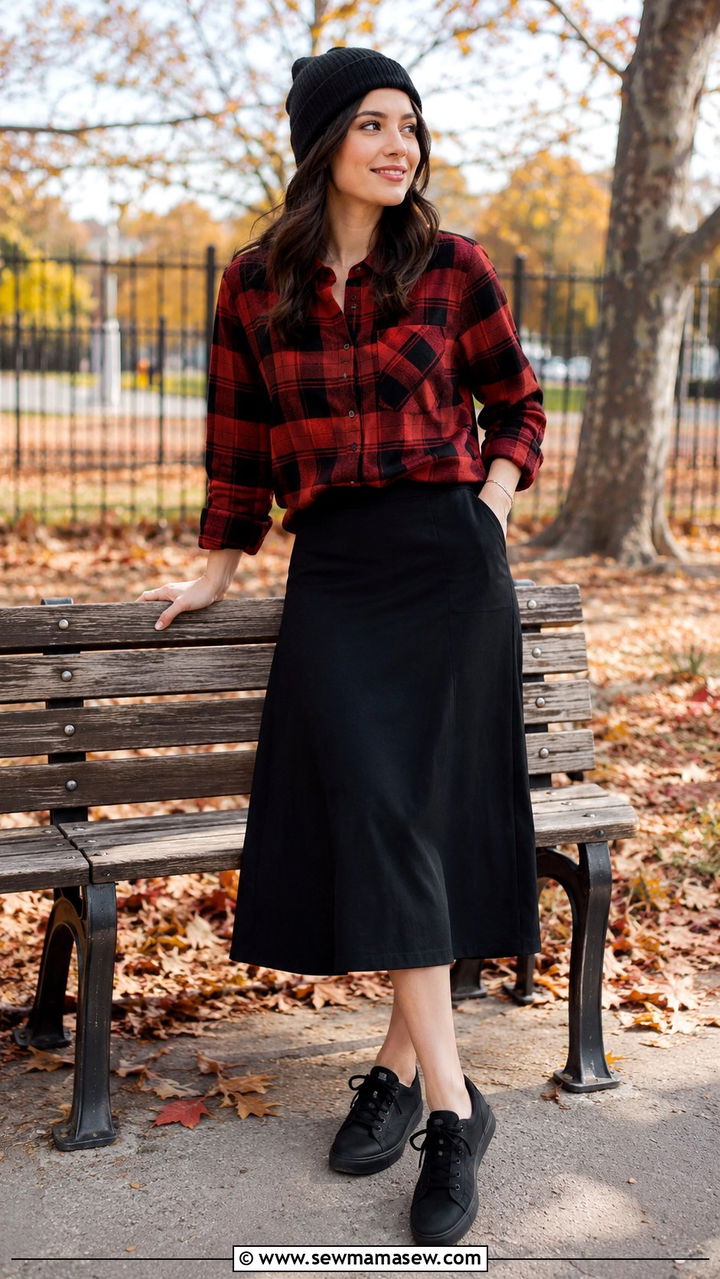 Plaid shirt with black midi skirt and sneakers - 30 Midi skirt outfit ideas with sneakers